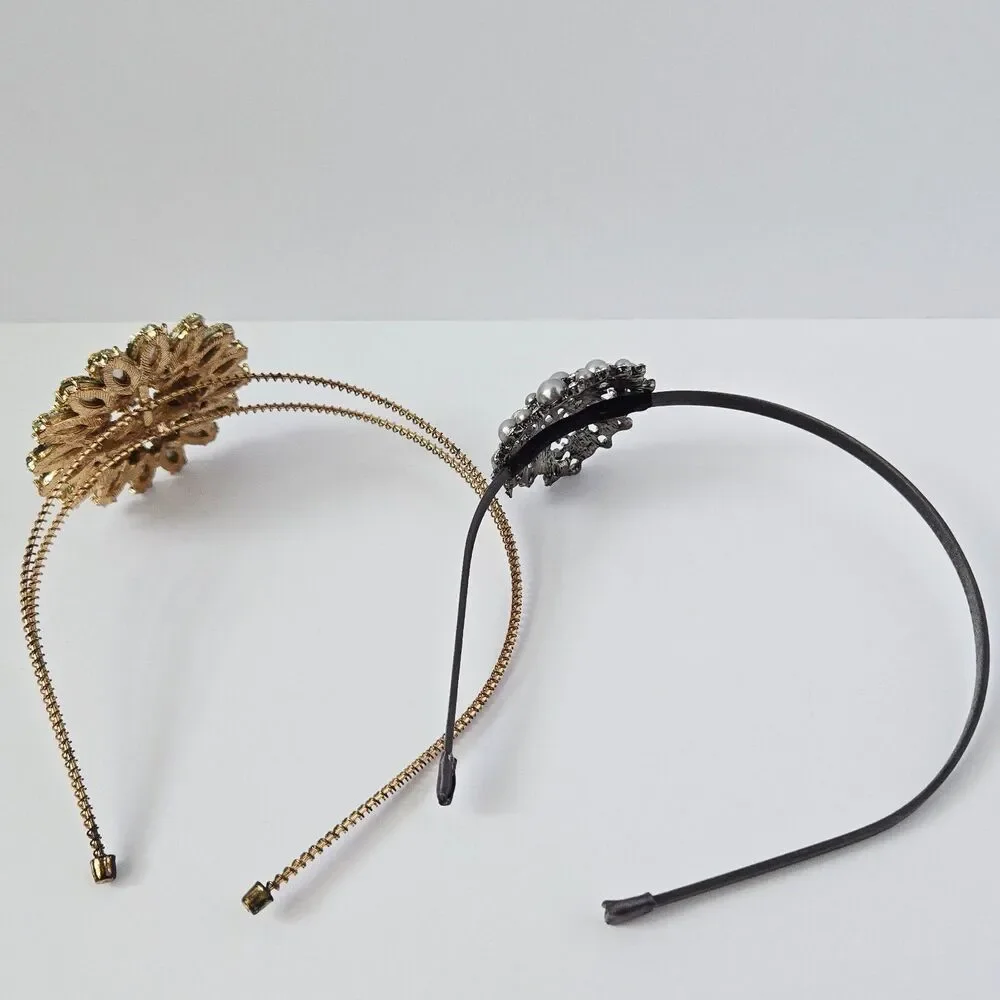 Lot of 2 Rhinestone Crystal Flower Faux Pearl Tiara Headband Hair Baroque Style